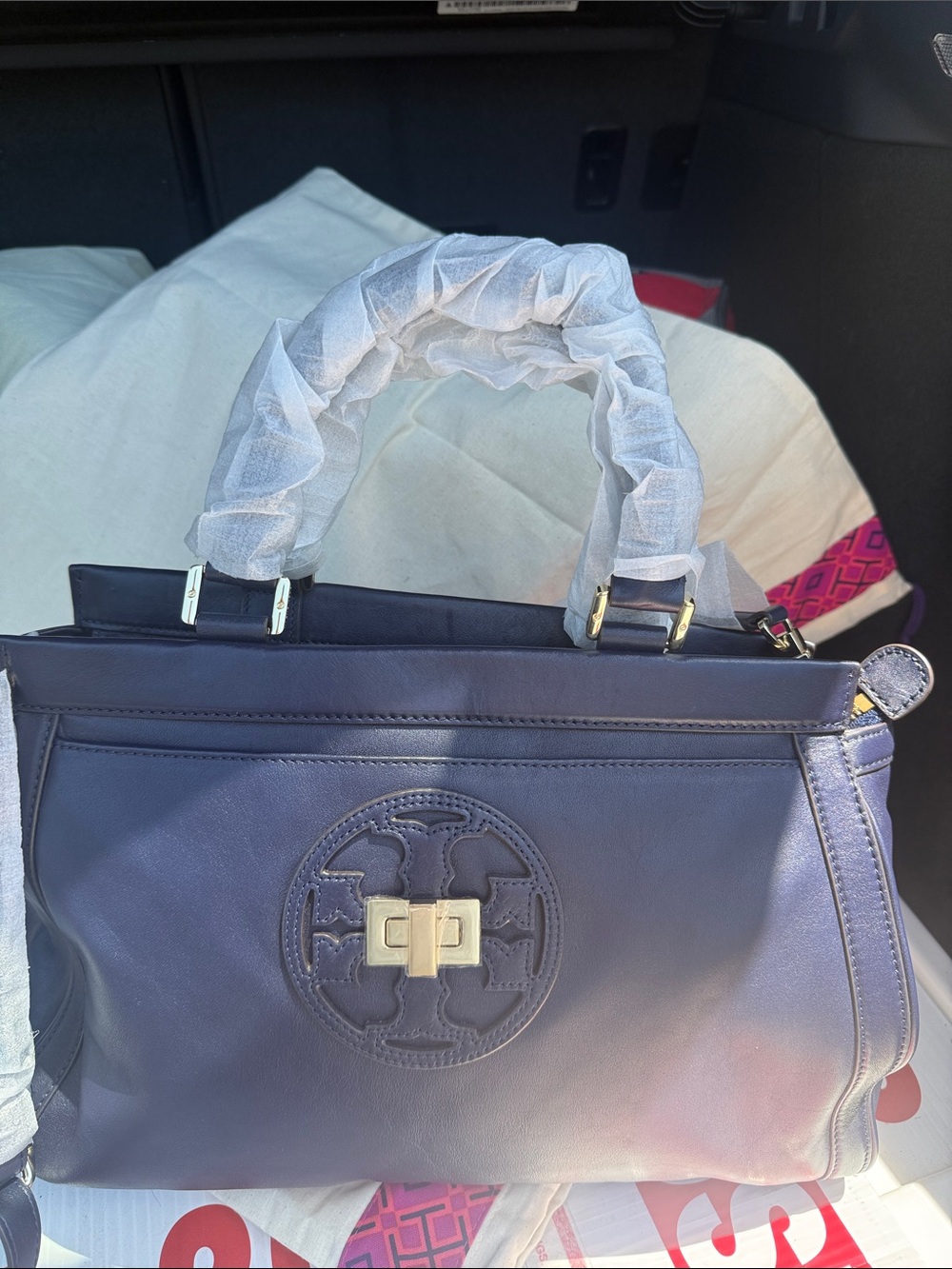 Tory Burch Navy Leather Top-Handle Satchel with Gold Hardware - Brand new